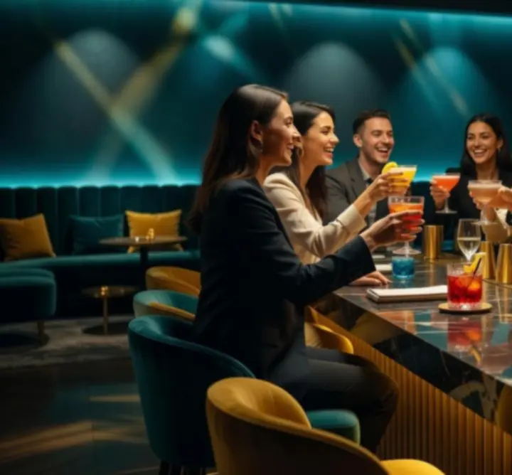Stylový bar a lounge zóna restaurace Moravies s barevným nasvícením