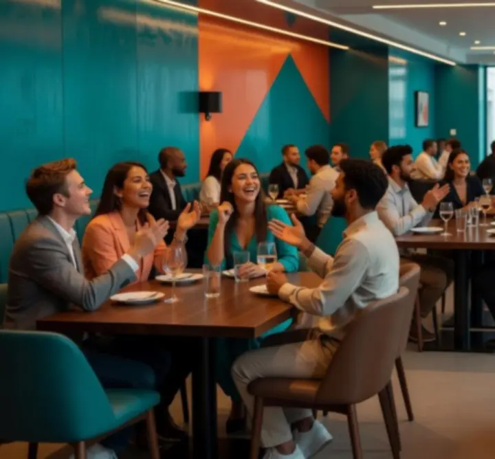 Mladí hosté u dlouhého stolu v komunitním lounge Moravies