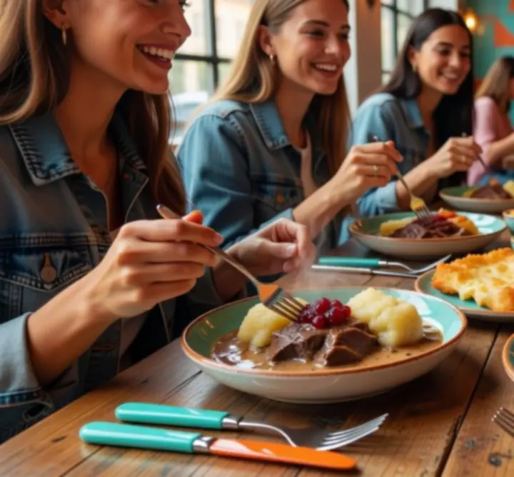 Mladí lidé u stolu v restauraci Moravies při společné večeři v moderním interiéru
