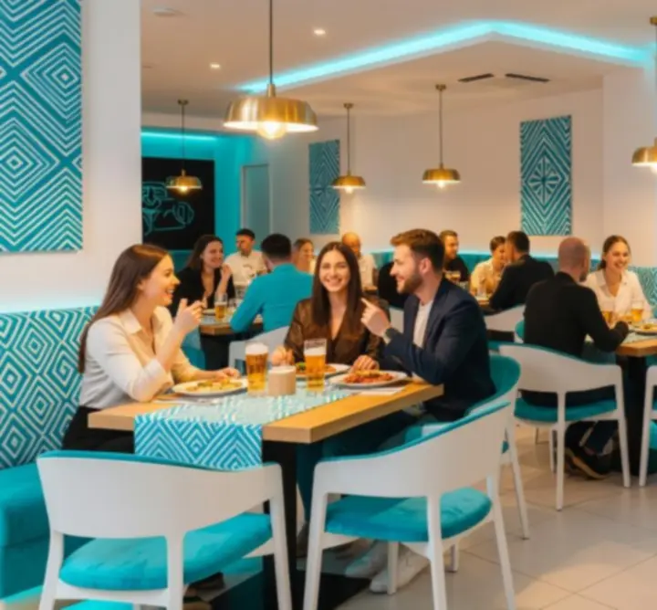 Stylový interiér restaurace Moravies s moderním designem a barevným nasvícením.