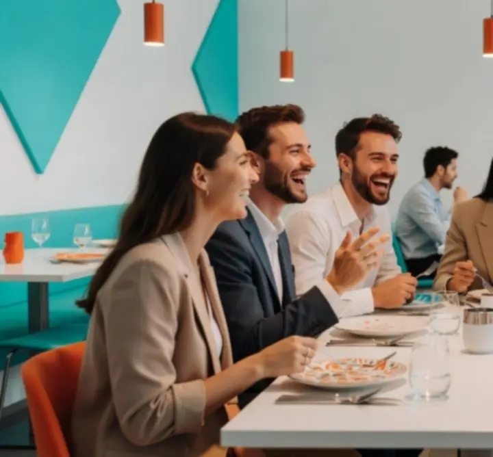 Mladí hosté u společného stolu v restauraci Moravies