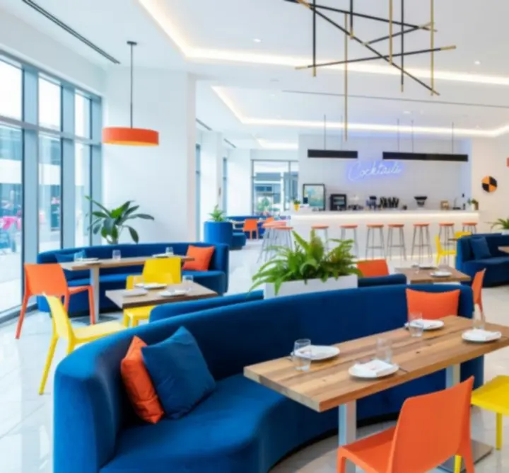 Moderní design restaurace Moravies s jasnými barvami a pohodlným sezením.