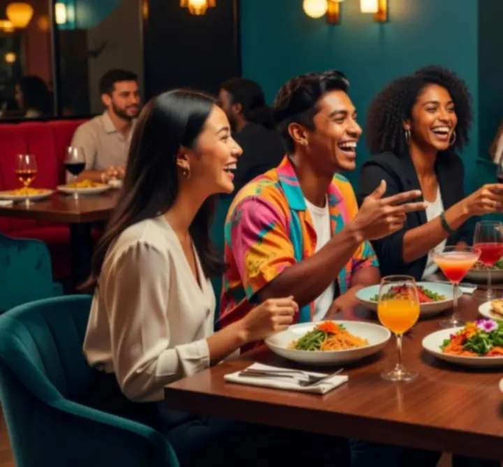 Mladí lidé si užívají společné stolování v restauraci Moravies.